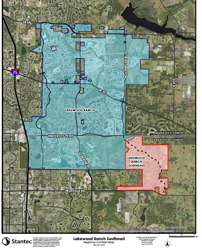 Aerial map showing the EverCreek site in Lakewood Ranch Southeast east of I-75 between Fruitville Road and State Road 70